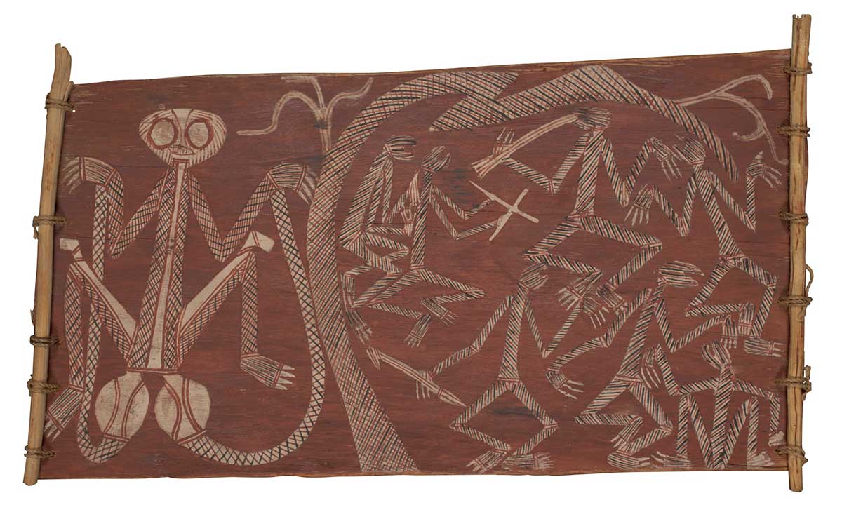 A bark painting worked with ochres on bark and on wooden restrainers. It depicts a spirit figure on the left. On the right there are a number of dancing mimi spirits with one playing a didjiridu, another the clapsticks while another sings.The mimis are infilled with red and black hatching on white. The painting has a red background. - click to view larger image