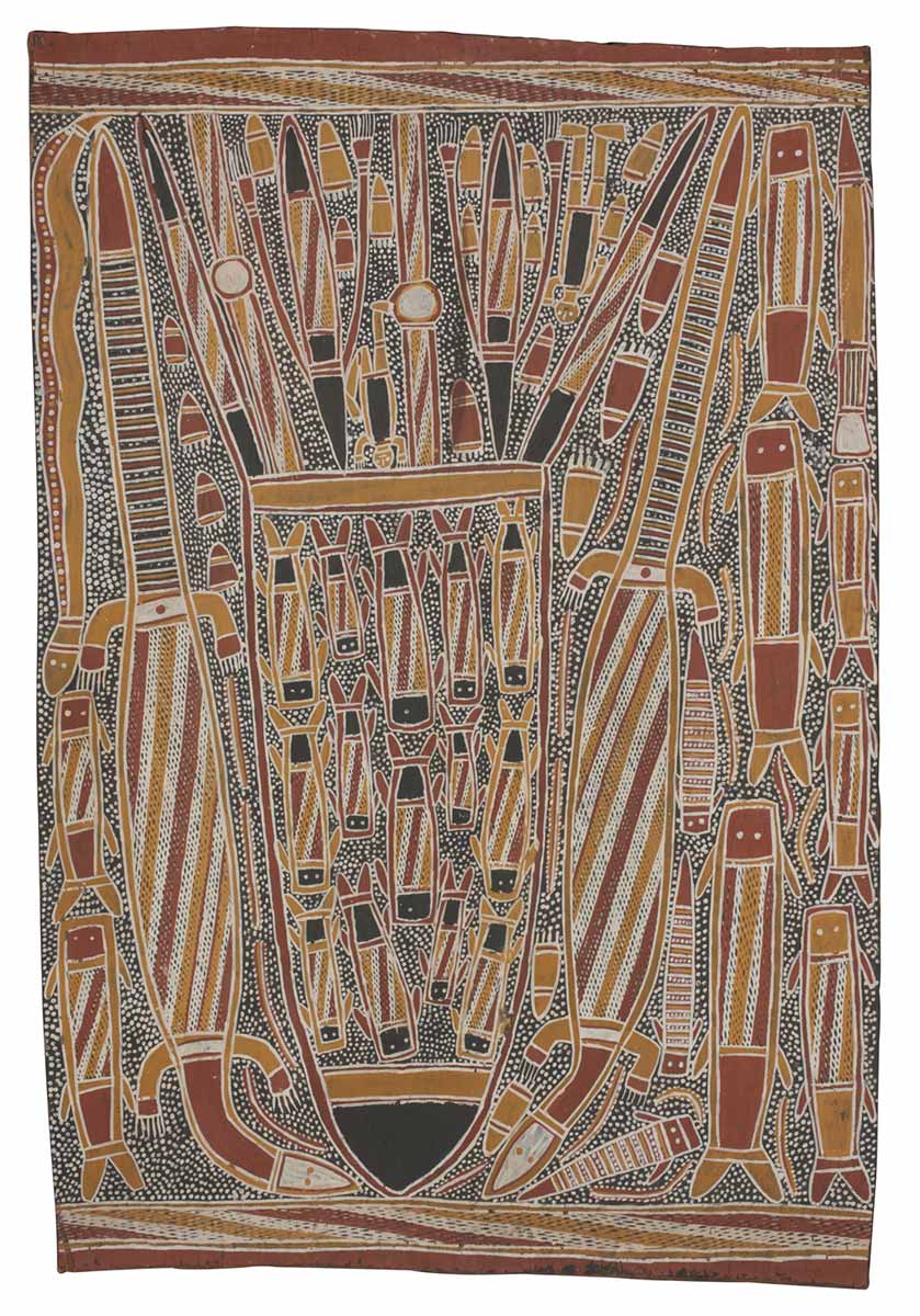 A bark painting worked with ochres on bark. It depicts a central dilly bag fish trap with a number of fish inside it. On either side there is a goanna. On the left there is a snake and several fish and on the  right a number of fish. - click to view larger image