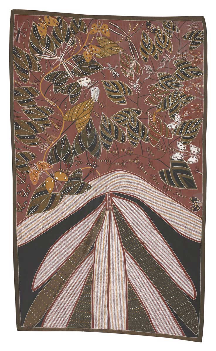 A bark painting worked with ochres on bark. The upper half of the painting depicts yams with dragon fly, ants, bees and other insects on a red background. The lower half depicts jungle yams either painted in white crosshatching or in a brown spotted design on a black background. There is a fine white border around the painting. - click to view larger image