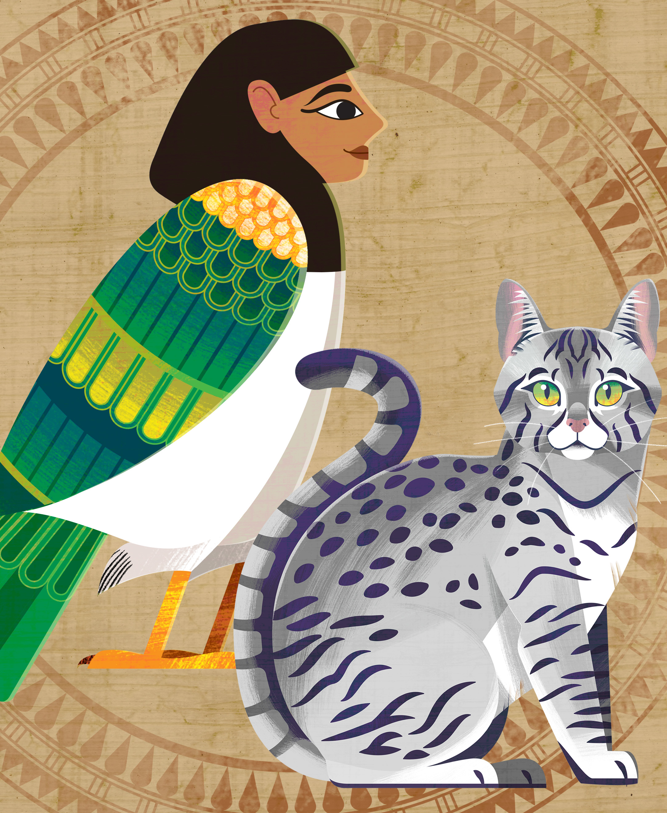 Caricature of Egyptian bird and cat.