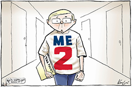 Cartoon of Kevin Rudd striding along a corridor with his tax policy wearing a 'ME 2' T-shirt in parody of the Kevin07 logo. A small creature at the bottom of the cartoon says 'What happened to Kevin 07?