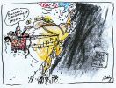 Cartoon of John Howard, Peter Costello and the Australian dollar riding on the back of China as it climbs up a mountain of wealth, following the United States.