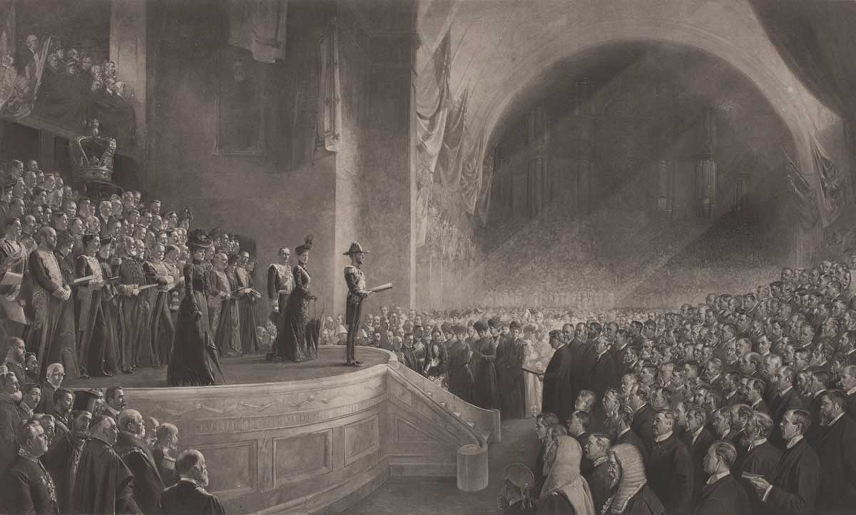 Painting of opening of parliament by Tom Roberts.