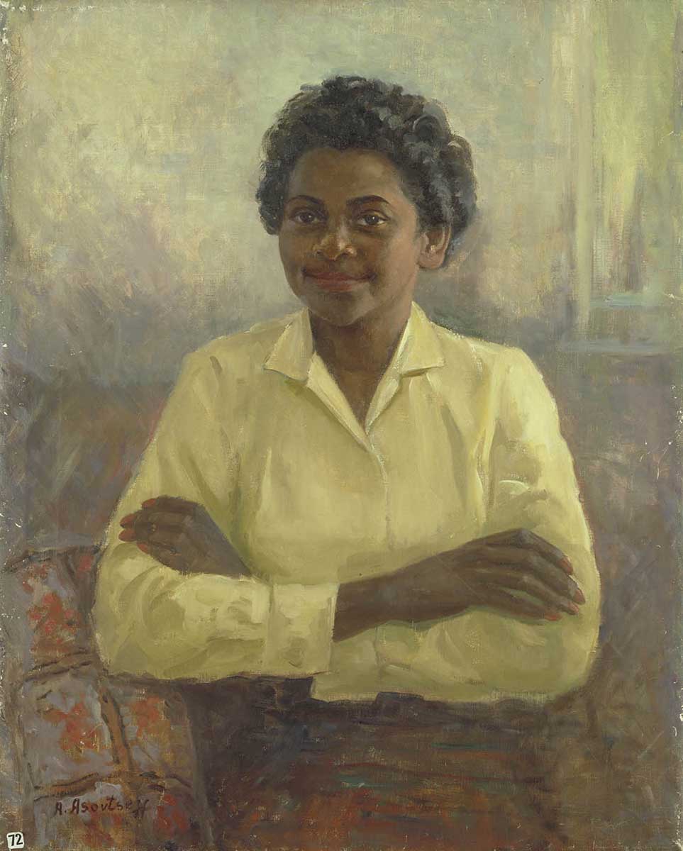 Painting of Faith Bandler sitting on a sofa with arms crossed. - click to view larger image