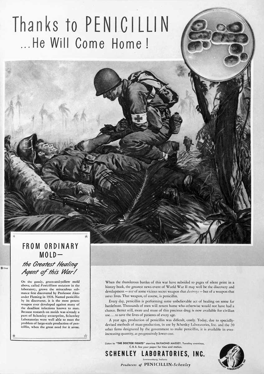 Advertisement for penicillin featuring a soldier injecting a needle into another soldier lying on the ground.