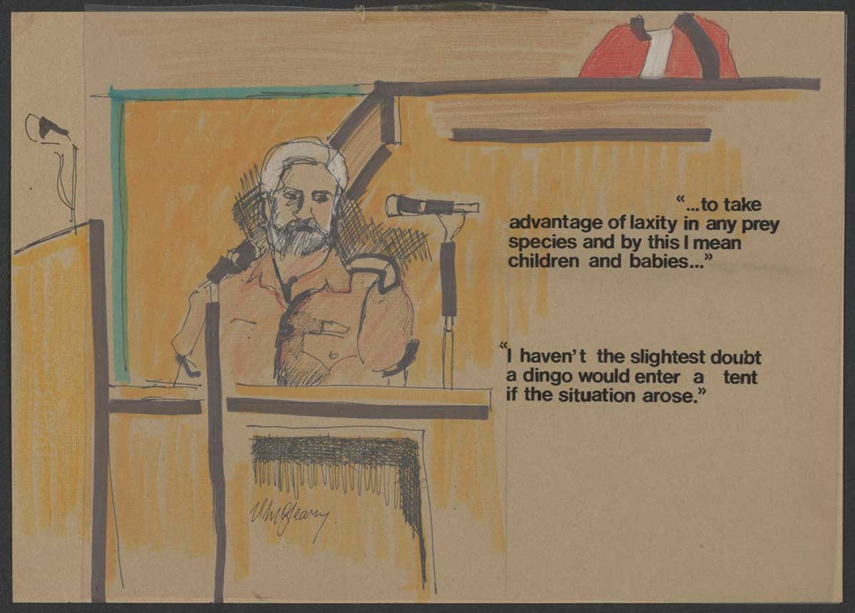 Sketch showing a bearded man in a courtroom, sitting in front of a microphone. The man wears a brown-coloured uniform. A judge, wearing red robes with black trim, is partially visible, sitting higher in the rear of the sketch. The words '...to take advantage of laxity in any prey species and by this I mean children and babies...' and 'I haven't the slightest doubt a dingo would enter a tent if the situation arose' have been applied over the sketch, to the right of the man who is testifying.
