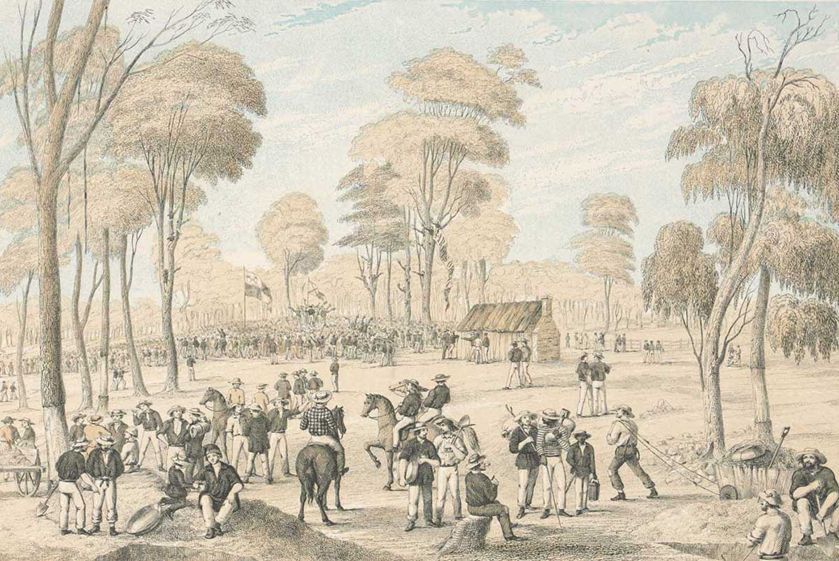 Illustration of a large group of men gathered in the foreground. Several ride horses and others carry or sit near tools. In the distance a much larger group of people has amassed under a flag. - click to view larger image