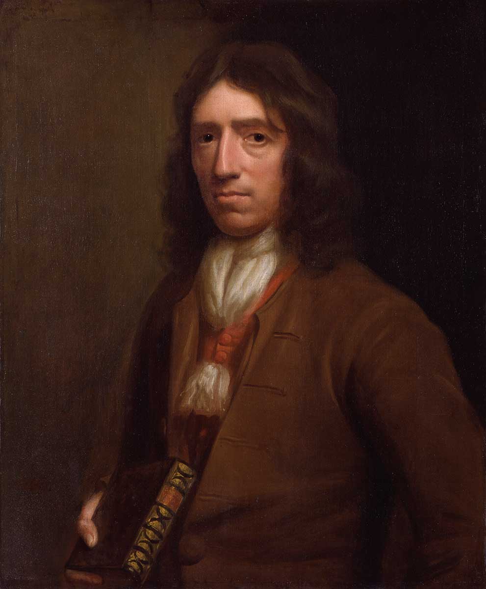 Oil painting of explorer William Dampier with long wavy brown hair, wearing a brown coat.