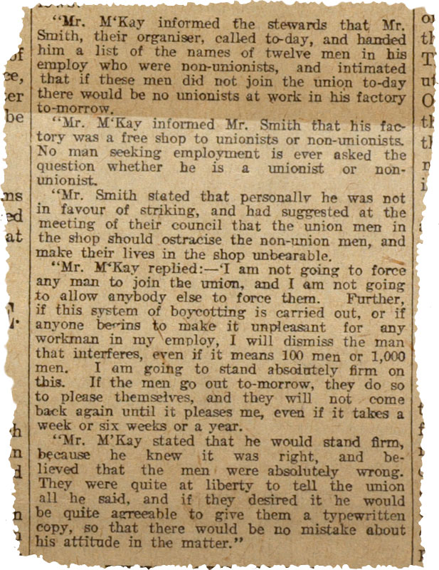 Excerpt from the Melbourne Argus newspaper on 16 February 1911 reporting that union representatives had visited manufacturers employing non-unionised labour. - click to view larger image