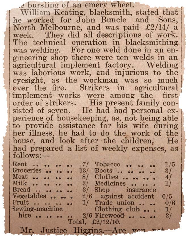 Newspaper clipping, reporting on Justice Higgins' questioning of workers and housewives on how much it cost them to live.