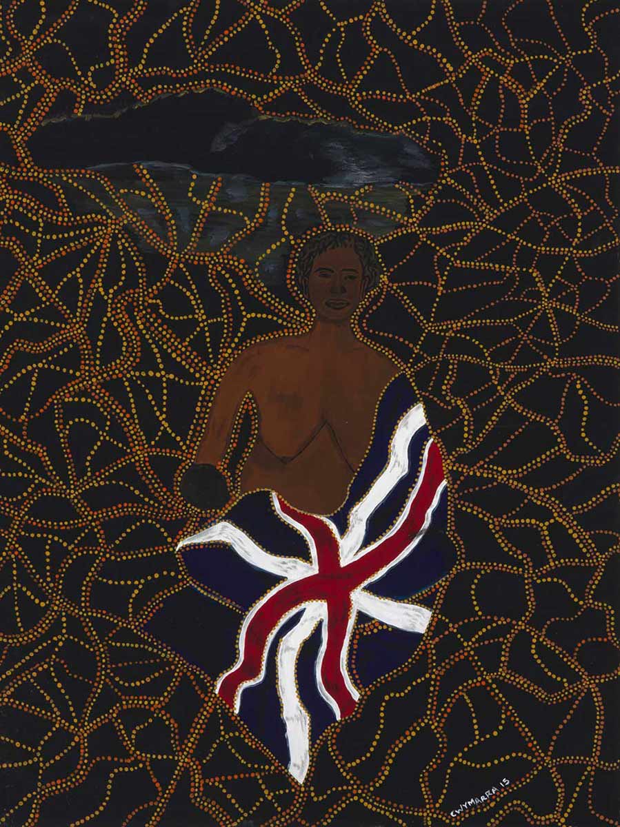 A contemporary painting of an indigenous Australian with a British flag draped over her. - click to view larger image