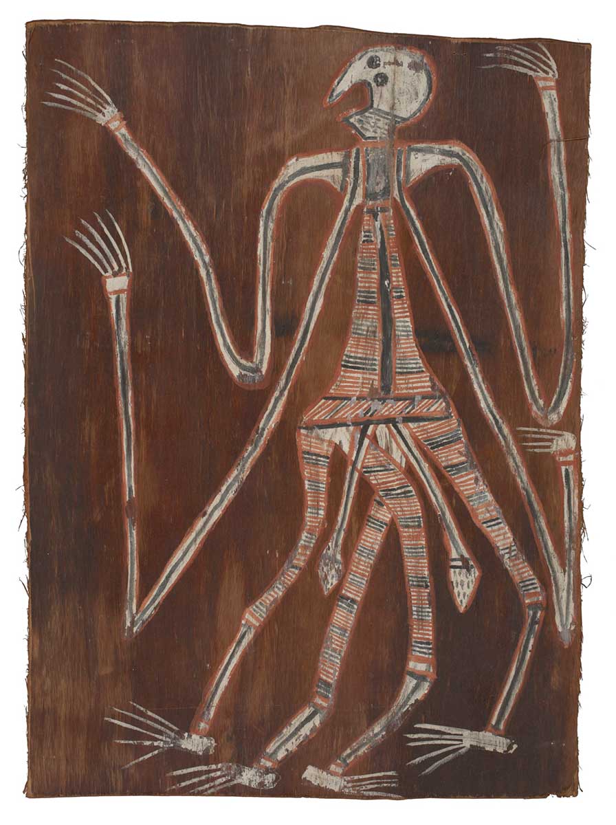 A bark painting worked with ochres on bark. It depicts a male Mimi spirit with four elongated arms, four legs and two penises. The arms have vertical stripes while the torso and legs have horizontal stripes. - click to view larger image