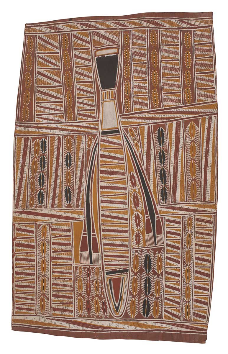 A bark painting worked with ochres on bark. It depicts an elongated central form with a squared black head and pairs of plant shapes protruding from each side. The background consists of a grid-like pattern of crosshatching with horizontal stripes of burr forms and dotted ovals. - click to view larger image