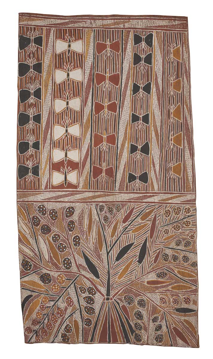 A bark painting worked with ochres on bark. The painting is divided into two panels with the upper panel divided into five columns each containing a series of black, white, red or yellow butterflies. The lower panel depicts a large yam plant with black, red and yellow fruit and leaves. - click to view larger image