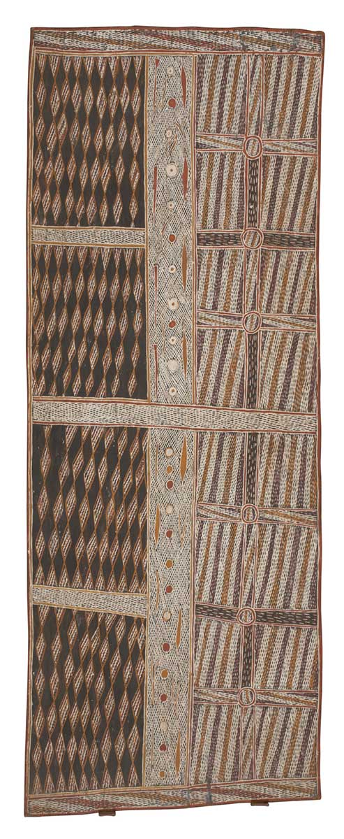 A bark painting worked with ochres on bark. The painting is divided into two panels by a vertical band which features leaf shapes and red, yellow and white dots on a black background covered in white crosshatching. This is bisected in the centre by a horizontal band also with white crosshatching on black and there are two further horizontal bands dividing the painting into eight sections. The left hand side of the painting is decorated in black diamond shapes  and the right hand side with white, yellow, and black stripes. - click to view larger image