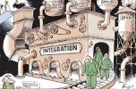 Cartoon showing an industrial 'Integration' machine converting migrants to the Australian way of life. John Howard watches in his green and gold tracksuit as the migrants emerge at the end in Australian tracksuits too.