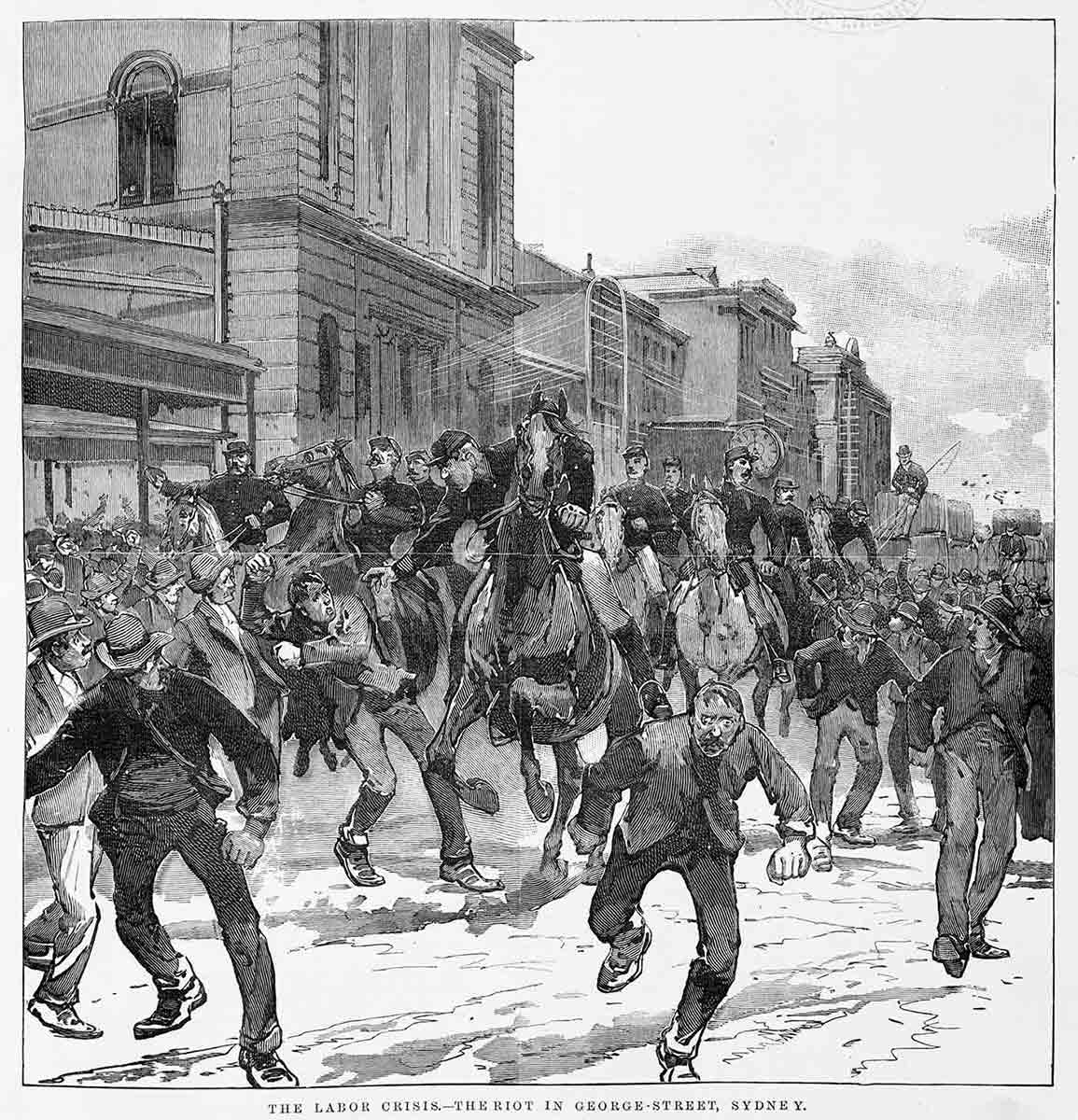 Drawing of men running among police on horseback. Wooden buildings in background.