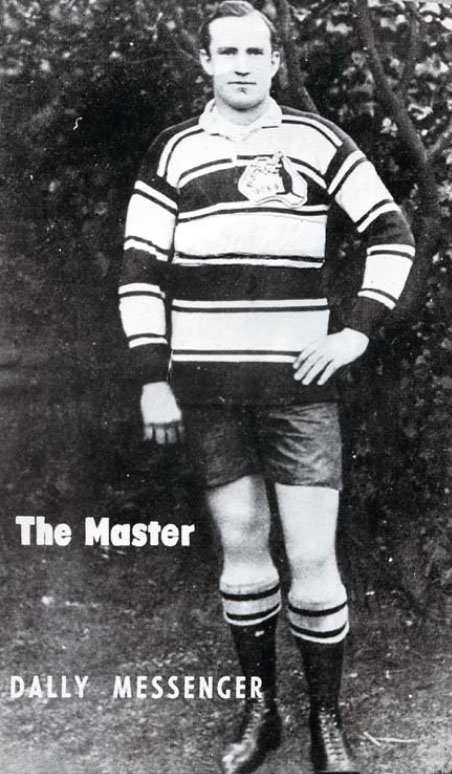 Black and white portrait of Dally Messenger in 1908 wearing the Australian rugby league uniform. - click to view larger image