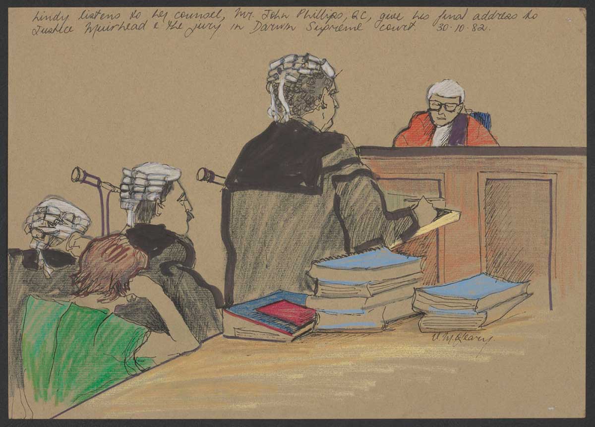 Courtroom scene showing a woman in a short-sleeved green top seated a table facing a judge. The woman rests her right elbow on the table and her head on her hand. Three people wearing wigs and dark legal robes stand in front of the woman, facing the judge. One stands addressing the judge, who is seen sitting at the bench wearing a wig and red robes. - click to view larger image