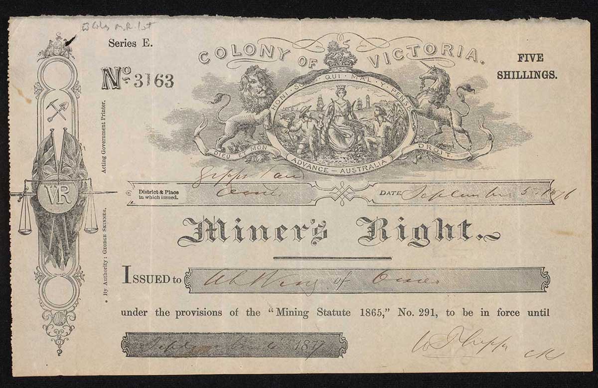 Photograph of a' Miner's Right' printed on paper under a 'COLONY OF VICTORIA' coat of arms. Text has been handwritten in several places. - click to view larger image