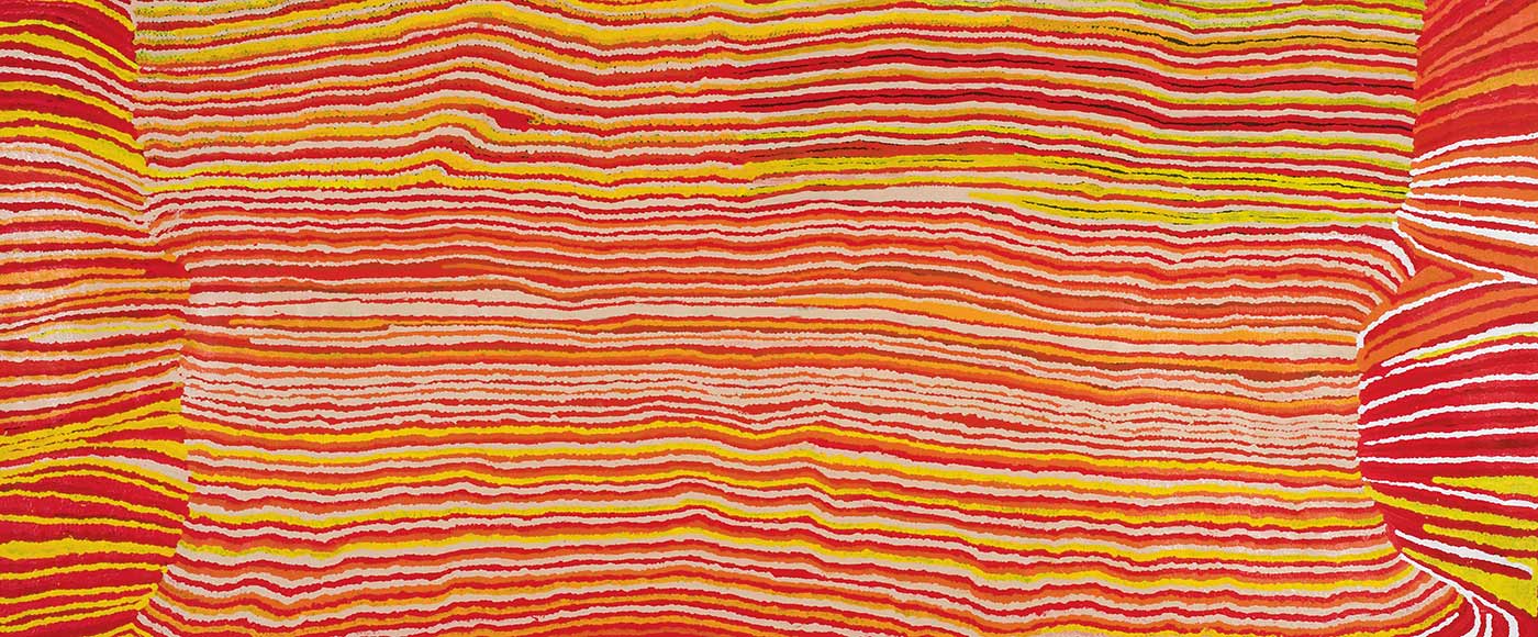 A long horizontally striped painting on canvas in red, orange, yellow white and beige wavy lines. At both ends are sections of horizontal stripes that are offset and at different angles from the central section. The right side has more white and dark red stripes while the left side has more yellow stripes. - click to view larger image