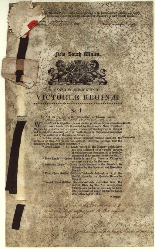 An old page titled 'VICTORIAE REGINAE' detailing 'An Act for regulating the Alienation of Crown Lands'. - click to view larger image