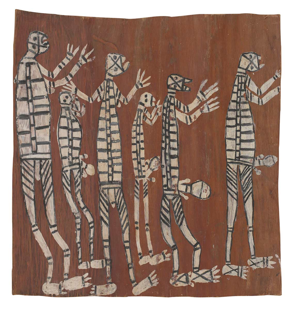 A bark painting worked with ochres on bark. It depicts six Mimi figures  two larger females and four smaller males, all with raised hands walking to the same direction. Each figure is painted in white with parallel lines and outlines of black. The painting has a red background. - click to view larger image