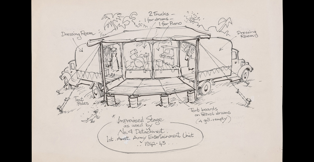 A diagram of a stage sketched in black pen on white paper. The sketch depicts a stage formed by two trucks for dressing rooms, drums and a piano, with boards on petrol drums for the main stage.