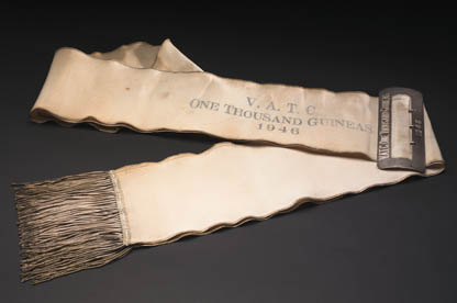 Maurice McCarten won the inaugural Victorian Amateur Turf Club One Thousand Guineas in 1946 with Sweet Chime. He kept this presentation sash as a memento of the win.