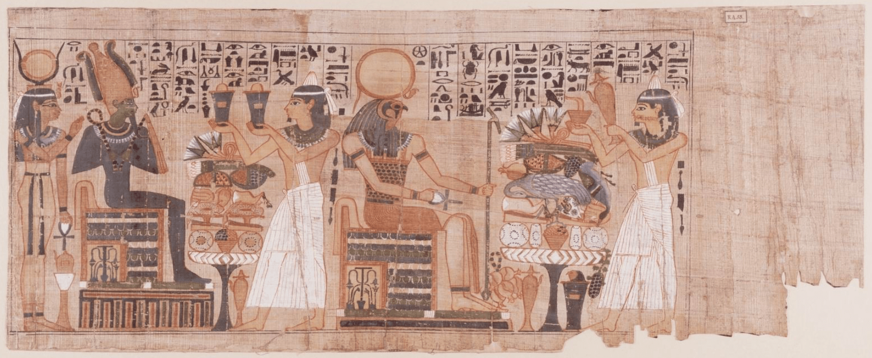 A papyrus scroll painted with hieroglyphs, gods, people, and offering tables.