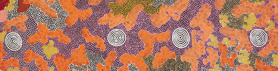 Dot painting in ochres and purples. Four white spirals are ranged horizontally across the painting.
